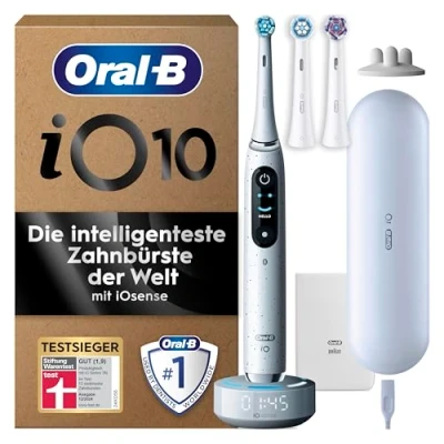 Abbildung von Oral B iO Series 10 PLUS Edition Elektrische Zahnbürste/Electric Toothbrush, 3 Aufsteckbürsten, 7 Putzmodi für Zahnpflege, Lade Reiseetui, Designed by Braun, Stardust White