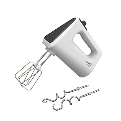 Abbildung von Krups GN4001 3 Mix 4000 Handmixer 450 Watt robustes Design variabler Geschwindigkeitsregler Turbo und Auswurf Funktion inkl. 2 Rührbesen Knethaken Weiß/Grau