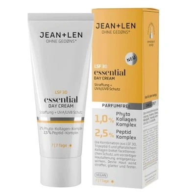 Abbildung von Jean &amp; Len Essential Day Cream, ideal für jeden Hauttyp geeignet, optimiert die Hautfestigkeit, mit LSF 30 und pflanzlichem Kollagen, vegane parfümfreie Tagescreme, 50 ml