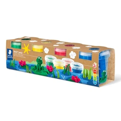 Abbildung von STAEDTLER Noris junior 813 Spielknete Standard Colours, besonders weich und sauber, klebt Nicht, Set mit 4 Töpfchen à 130 g, SLE