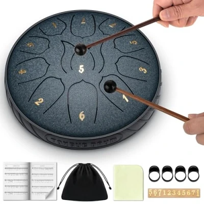 Abbildung von CAHAYA Steel Tongue Drum 6 Zoll 11 Töne: Zungentrommel Schlagzeug Anfänger, Handpan mit Notenbuch, Trommelstöcken, Pan Töne Schlaginstrument für Meditation Yoga, Dunkelblau CY00373 1