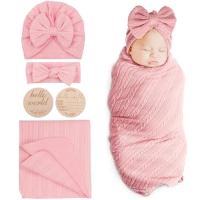 Abbildung von DRESHOW Baby Pucktuch Decke Neugeborenen Swaddle Pucksack mit Bogen Mütze Stirnband
