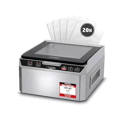 Abbildung von Caso VacuChef 40 Kammervakuumierer aus Edelstahl, 3L Vakuumkammer 70 Liter/Minute, doppelte Schweißnaht, einstellbare Vakuum und Schweißzeit, 1417
