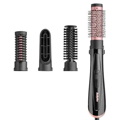 Abbildung von BaByliss Perfect Finish Warmluftbürste, 1000W Föhnbürste mit 3 Aufsätzen zum Glätten, Volumen und Formen, 2 Temperaturstufen Kühlluftfunktion, Ionen Technologie für Anti Frizz Effekt, AS126E