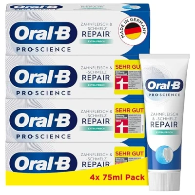 Abbildung von Oral B Pro Science Zahnfleisch &amp; schmelz Repair Extra Frisch Zahncreme, für die tägliche Anwendung, Stiftung Warentest, Made in Germany, Zahnpasta, 4x 75ml Pack