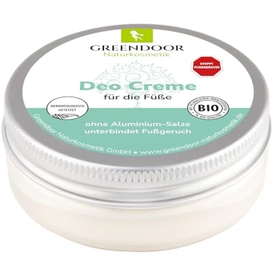 Abbildung von GREENDOOR Fussdeo 50ml gegen Fussgeruch, Fuss Deo vegan, Deodorant ohne Aluminium, nie mehr Fuß Geruch, natürlich Tierversuche, Naturkosmetik Bio Babassu, Natur Deocreme Cremedeo