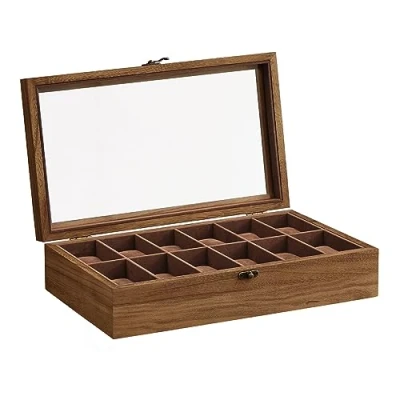 Abbildung von SONGMICS Uhrenbox mit 12 Fächern, Uhrenkasten aus Massivholz, Glasdeckel, Uhrenkissen, Geschenk für Ihre Liebsten, walnussfarben JOW120K01