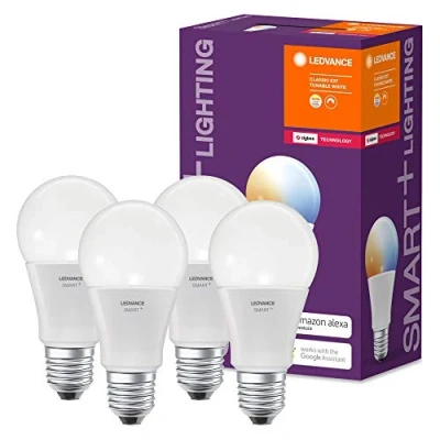 Abbildung von LEDVANCE Smart+ LED, ZigBee Lampe mit E27 Sockel, warmweiß bis tageslicht (2700K 6500K), dimmbar, Direkt kompatibel Echo Plus/Echo Show (2. Gen.) auch Philips Hue Bridge, 4 Stück (1er Pack)