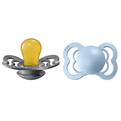 Abbildung von BIBS Supreme Schnuller 2er Pack, BPA frei, Symmetrischer Nippel. Naturkautschuk/Latex, Hergestellt in Dänemark. 0 6 Monate (2er Pack), Iron/Baby Blue