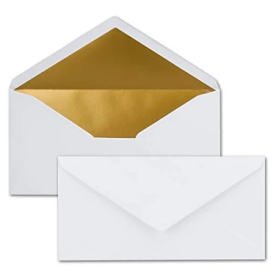 Abbildung von 50 Brief Umschläge DIN Lang Weiß mit Gold Metallic Innen Futter 110 x 220 mm Nassklebung festliche Kuverts für Weihnachten