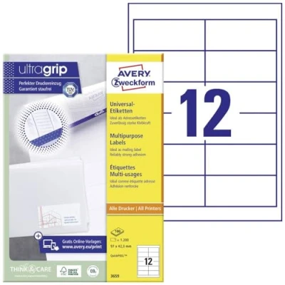 Abbildung von AVERY Zweckform 3659 Adressaufkleber (1.200 Klebeetiketten, 97x42,3mm auf A4, Papier matt, bedruckbare Absenderetiketten, selbstklebende Adressetiketten mit ultragrip) 100 Blatt, weiß