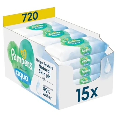 Abbildung von Pampers Harmonie Aqua Feuchttücher 15 Packungen mit jeweils 48 Feuchttüchern 720 Feuchttücher, die helfen, den natürlichen pH Wert der Haut wiederherzustellen, leichte Lotion 99% Wasser