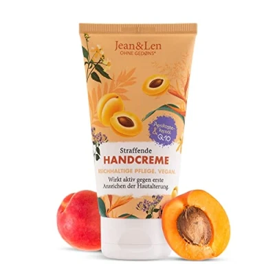 Abbildung von Jean &amp; Len Straffende Handcreme Aprikosenkernöl/Q10, reichhaltige Pflege, Wirkt aktiv gegen erste Anzeichen der Hautalterung, für trockene Hände, ohne Parabene Silikone, Tube, 75 ml