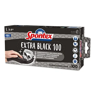 Abbildung von Spontex Extra Black Einmalhandschuhe aus Vinyl, ungepudert und latexfrei, vielseitig einsetzbar, in praktischer Spenderbox, Größe L, 100er Pack, schwarz