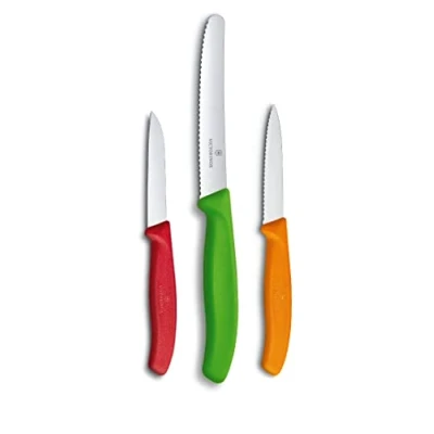 Abbildung von Victorinox Swiss Classic Gemüsemesser Set, 3 teilig, Obstmesser, Gerader Schliff, Extra Scharf, Robuster Kunststoffgriff, mehrfarbig