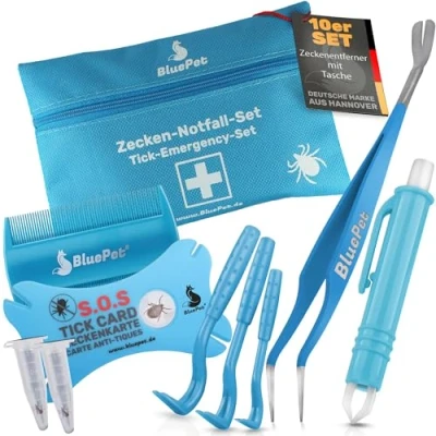 Abbildung von BluePet 10er Set mit Tasche Zeckenentferner für Hunde, Katze, Pferd &amp; Mensch Zeckenzange, Zeckenhebel, Zeckenpinzette, Zeckenkarte I Alternative zu Zeckenschutz, Zeckenmittel