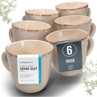 Abbildung von Steingut Kaffeetassen 6 Pers. Rustic Hochwertiges Landhausstil TEST SEHR GUT Tassen Set, Spülmaschinen , Mikrowellen und Kratzfest Stylisches Tee Kaffeebecher Set Pure Living in Beige