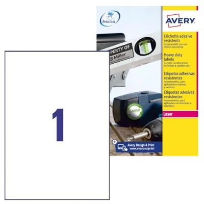 Abbildung von AVERY Zweckform L4775 100 Wetterfeste Folienetiketten (100 Klebeetiketten, 210x297mm auf A4, extrem stark selbstklebend, wasserfest, strapazierfähig, bedruckbare Outdoor Klebefolie) Blatt, weiß