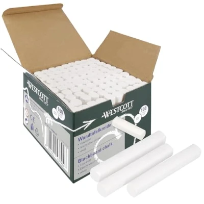 Abbildung von Westcott Kreide 100 Stück Weiss Vorteilspack Tafelkreide mit 1,2cm ⌀ in deckendem staubarm &amp; leicht abwischbar 8,5cm lange Kreidestifte E 744986 00