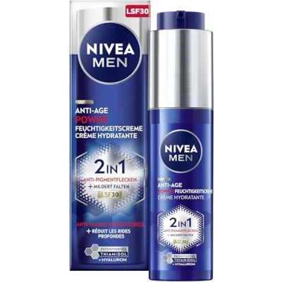 Abbildung von NIVEA MEN Anti Age 2in1 Power Tagespflege mit LSF 30, Gesichtspflege Hyaluron für Aging Effekt, Hautpflege LUMINOUS630 gegen Alters und Pigmentflecken (50 ml)