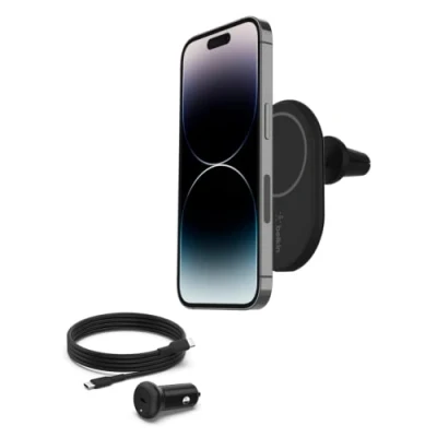 Abbildung von Belkin BoostCharge drahtloser magnetischer Kfz Telefon Halter, ladegerät compatibel mit MagSafe fähigem iPhone 16, 15, 14, 13, 12 (inkl. Kabel und Ladegerät)