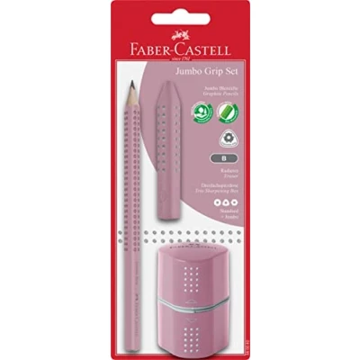 Abbildung von FABER CASTELL 580082 Bleistiftset Jumbo Grip, mit Bleistift, Radierer und Dreifachspitzdose, rose shadows, auf Blisterkarte