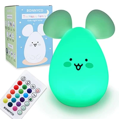Abbildung von Nachtlicht Kinder mit Fernbedienung und Berührungssensor 16 Farben BONNYCO Maus Baby Timer Nachttischlampe Silikon 100% BPA Frei Geschenke