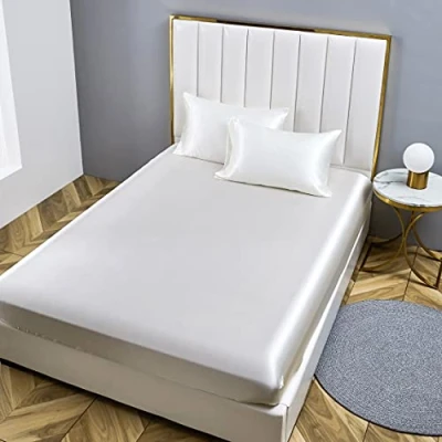 Abbildung von Damier Spannbettlaken 160x200cm Weiß Satin Seide Glänzend Bettlaken Hochwertiges Deluxe Unifarben Spannbetttuch, geeignet für Matratzen bis 30cm