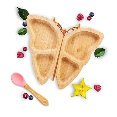 Abbildung von Kleiner Fuchs Hochwertiges Bambus Teller mit Saugnapf, Rutschfestem Saugnapf passendem Baby Löffel Macht Mahlzeiten Spaß, Geschirr Set Geschenkbox Essenlernen Schmetterling Design