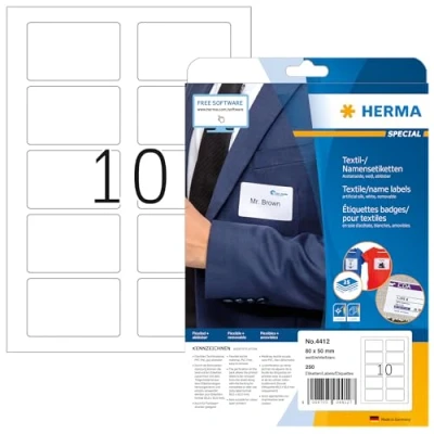 Abbildung von HERMA 4412 Namensetiketten ablösbar, 25 Blatt, 80 x 50 mm, 10 pro A4 Bogen, 250 Stück, selbstklebend, bedruckbar, rückstandsfrei abziehbare Acetatseide Namensaufkleber Etiketten, weiß