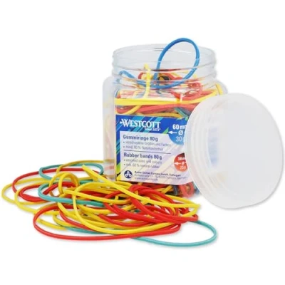 Abbildung von Westcott Gummibänder 80g Ca. 170 Bunte Gummiringe verschiedene Größen in praktischem Kunstoffbehälter Vorratspack Haushaltsgummis ⌀ 60mm, 50mm &amp; 38mm Mind. 60% Naturkautschuk E 10581 00