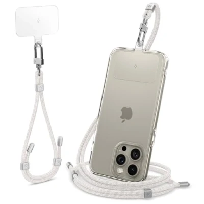 Abbildung von Spigen Universal Handykette zum Umhängen und Handschlaufen Set mit ConTag Smartphones Kette Kompatibel iPhone 16/15 Pro Max, Samsung Galaxy S24/S23, Xiaomi, Pixel Lanyard Strap Perl White