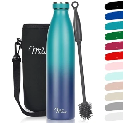 Abbildung von Milu Edelstahl Trinkflasche 350ml, 500ml, 750ml, 1L, 1,5L Thermosflasche für Kinder Erwachsene auslaufsicher Isolierflasche Kohlensäure geeignet inkl. Reinigungsbürste (Grün Blau, 1000ml)