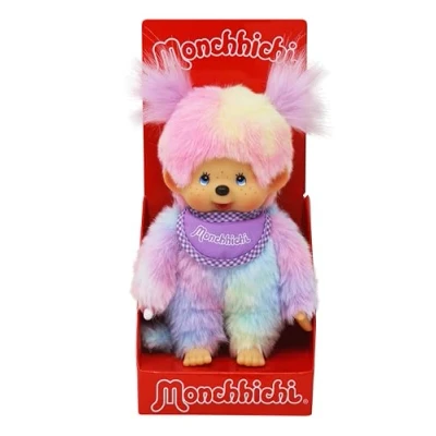 Abbildung von Sekiguchi 242153 Original Monchhichi Mädchen, Plüschfigur mit Lätzchen und Zöpfen, ca. 20 cm großes Kuscheltier aus buntem Plüsch