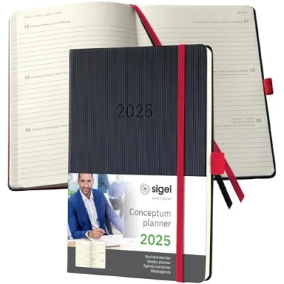 Abbildung von SIGEL C2508 Terminplaner Wochenkalender 2025, ca. A5, schwarz, rot, Hardcover, 192 Seiten, Gummiband, Stiftschlaufe, Archivtasche, aus nachhaltigem Papier, Conceptum