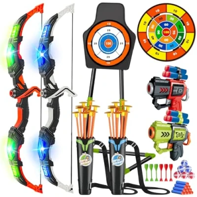 Abbildung von VATOS 2 Pack Pfeil und Bogen Spielzeug für Kinder 3 12 Jahre Jungen Mädchen, Light Up Bogenschießen mit Cup Suction Standing Target &amp; 29 in Dart Board, Indoor Outdoor Activity Geschenk