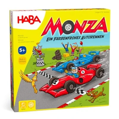 Abbildung von Haba 4416 Monza, Würfelspiel und Gesellschaftsspiel, mit turbulentem Autorennen für 2 6 Kinder ab 5 Jahren, zum Farbenlernen