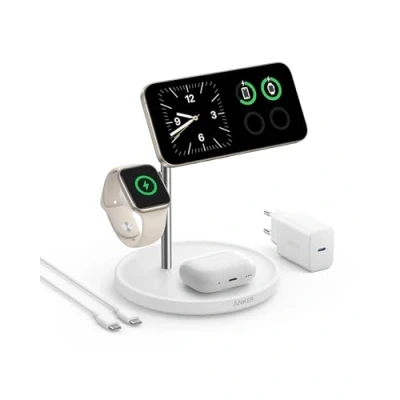 Abbildung von Anker MagGo 3 in 1 Kabellose Ladestation, 15W kabelloser Ladeständer, MagSafe kompatibel, Qi2 zertifiziert, für iPhone 16/15/14/13 Serie, AirPods Pro, Apple Watch Ultra (Mit USB C Netzteil und Kabel)