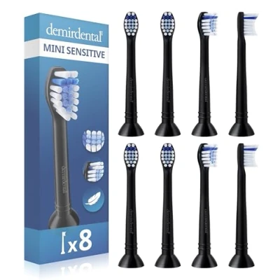 Abbildung von 8er demirdental Mini Sensitive Aufsätze passend für Philips Sonicare Ersatzbürsten, weiche und kleine Bürstenköpfe sensible Zähne, Schwarz, entspricht HX6088b
