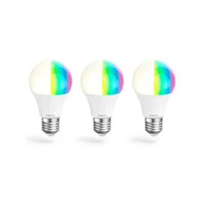 Abbildung von Hama WLAN LED Lampe E27 3er Set (Smart Home 8,5W Glühbirne, dimmbar, mehrfarbig RGBW, WIFI mit Sprachsteuerung und App, kompatibel Alexa, Google, Siri, Apple, kein Hub nötig)