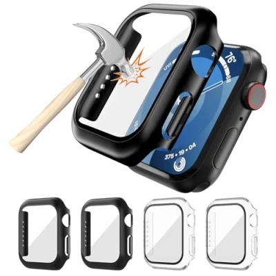 Abbildung von OU BAND 4 Stück Schutzhülle für Apple Watch 9/8/7 45mm Displayschutz, Hart PC Schutz Hülle mit Gehärtetem Glas Kompatibel Series 9 8 7 (2 Schwarz &amp; 2 Transparent)