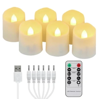 Abbildung von FREEPOWER 6er Aufladbare LED Teelichter mit Timer Fernbedienung Flackern Warmweiß Dimmbar Elektrische Wiederaufladbare Kerzen USB Kabel, Weihnachten Halloween Party Familie Deko, Ø4 x 4.5cm