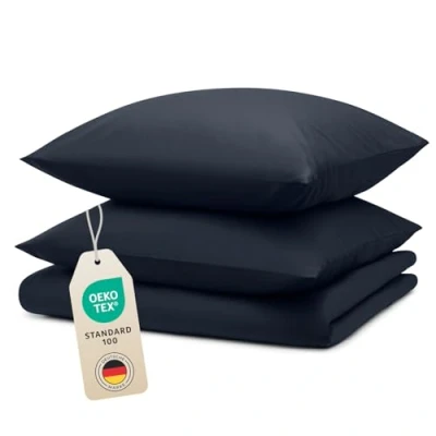 Abbildung von Blumtal Bettwäsche 220x240 cm + 2X Kissenbezug 40x80 Oeko TEX zertifizierte Mikrofaser 240x220 Bettbezug Bett Bezug Set Dunkelblau