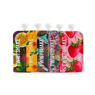Abbildung von Twistshake Wiederverwendbarer 5er Pack Baby Lebensmittel Quetschbeutel, Nachfüllbar Doppelter Reißverschluss Fruchtquetsche für Babynahrung, Auslaufsicher, BPA Frei, 220 ml, Frucht
