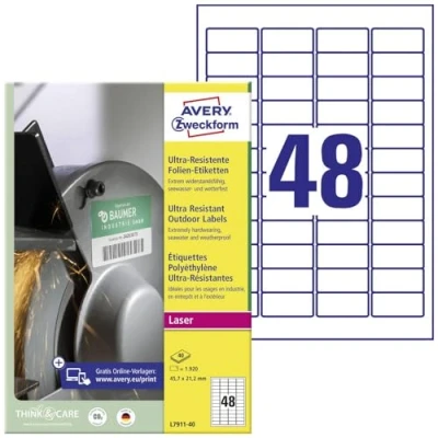Abbildung von AVERY Zweckform L7911 40 Strapazierfähige Folienetiketten (1.920 Aufkleber, 45,7x21,2mm auf A4, extrem stark selbstklebend, für schwierige Oberflächen, bedruckbare Outdoor Klebefolie) Blatt, weiß