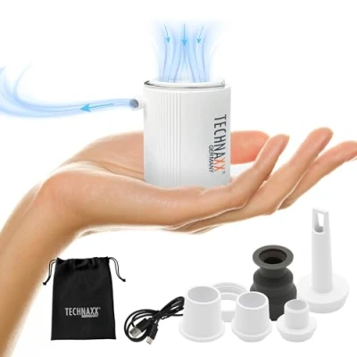 Abbildung von Technaxx Mini Akku Luftpumpe TX 261 mit 1360 mAh zum Aufblasen von Luftmatratzen, aufblasbaren Betten, Kissen, Schwimmringen und Spielzeug 5 Düsen, Ladekabel, Aufbewahrungstasche