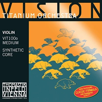 Abbildung von Thomastik 634249 Saiten für Violine Vision Titanium Orchestra Synthetic Core, Satz 4/4 Mittel mit E Stahl blank