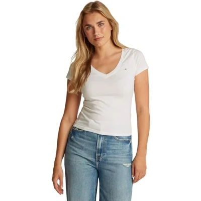 Abbildung von Tommy Jeans SLIM Vneck Tshirt basic, Damen, Größe: 38, Ecru