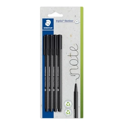 Abbildung von STAEDTLER triplus Fineliner 334, dreikant, superfeine, metallgefasste Spitze, ca. 0.3 mm, aus 97% Rezyklat, Made in Germany, Set mit 4 Stück auf Blisterkarte, Farbe schwarzen, 334 9 BK4