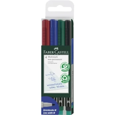 Abbildung von FABER CASTELL 152604 Marker Multimark, non permanent, Stärke M, 4 Stück in Etui, je 1x rot, blau, grün, schwarz